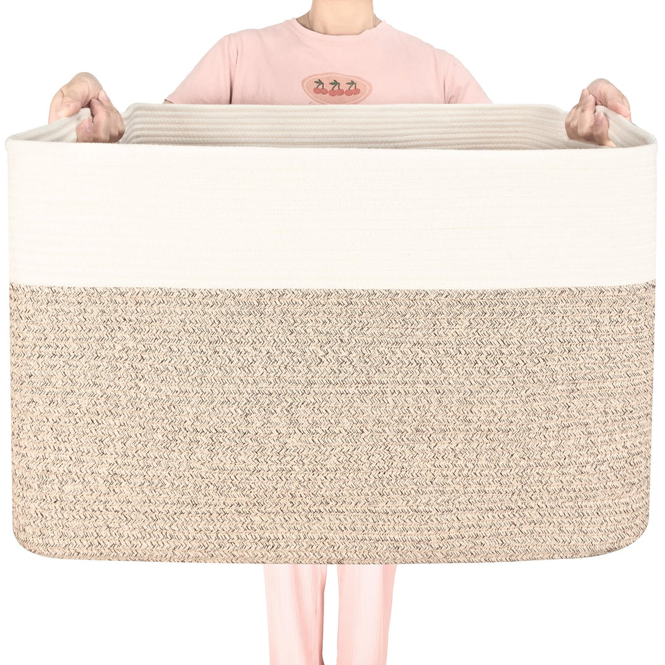 Mintwood Design 112L blanket basket stores bulky textiles neatly.