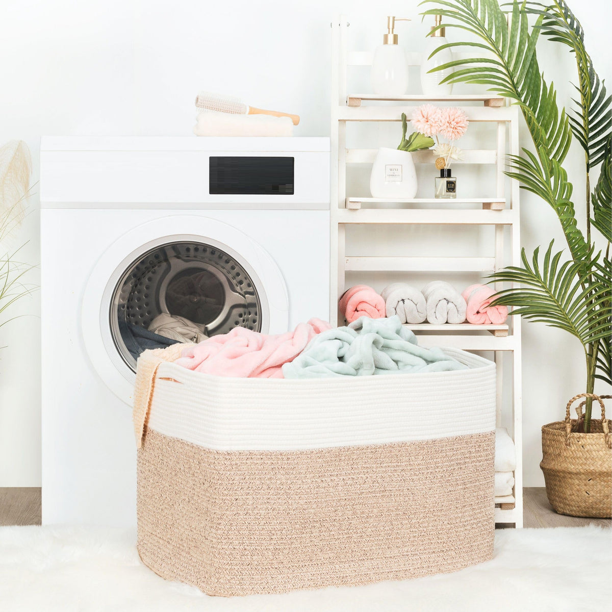 Mintwood Design handled rope basket for easy laundry and toy transport.
