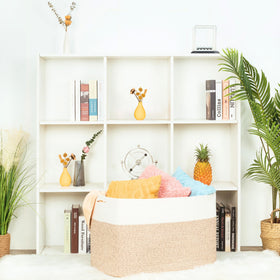 Mintwood Design pillow and towel storage basket declutters shelves.