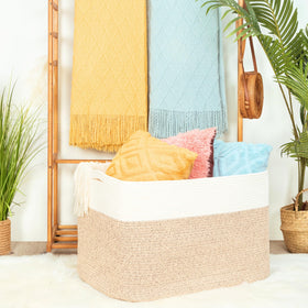 Mintwood Design rectangle rope storage basket with handles keeps clutter organized.