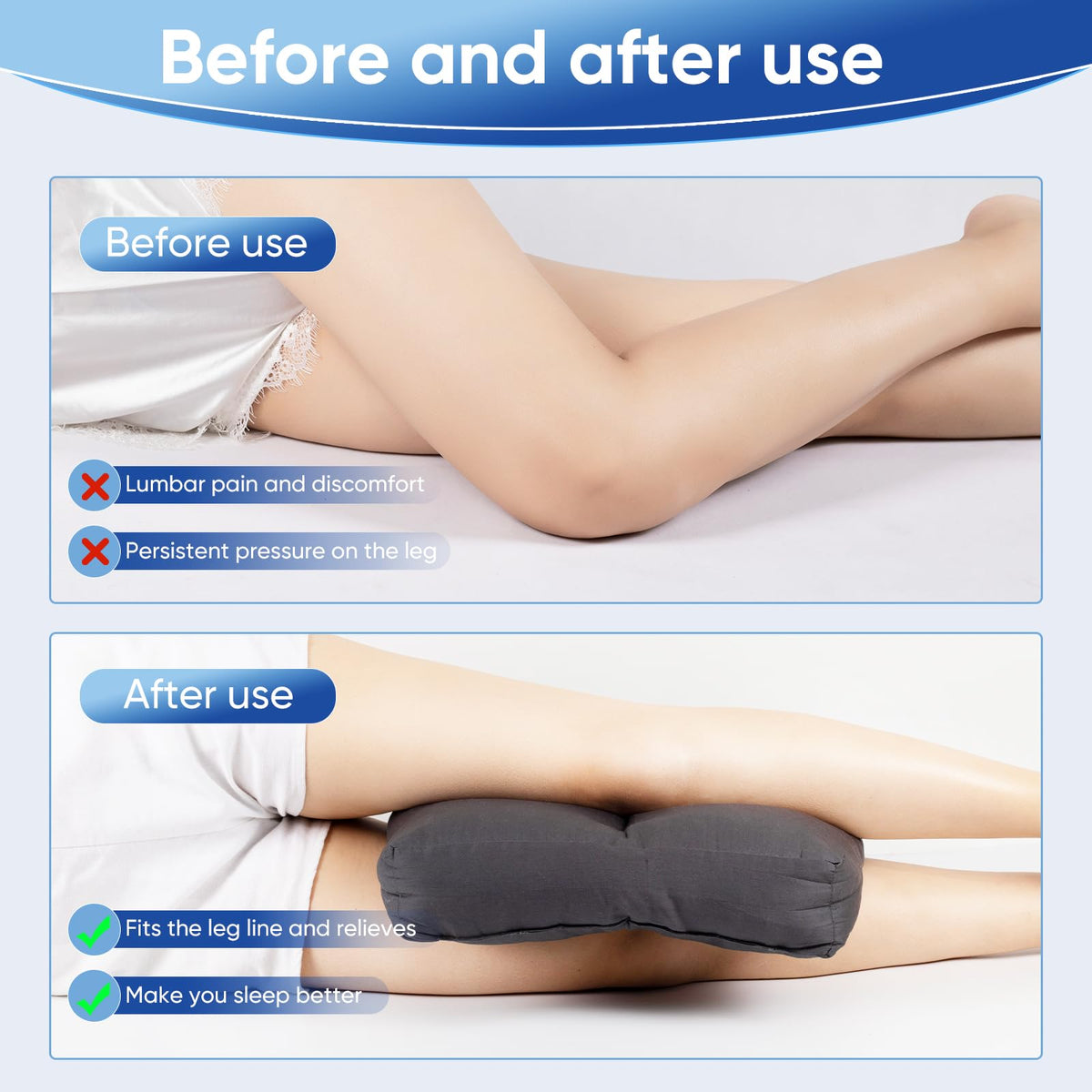 MINUPWELL knee pillow provides full-leg support from knee to ankle.