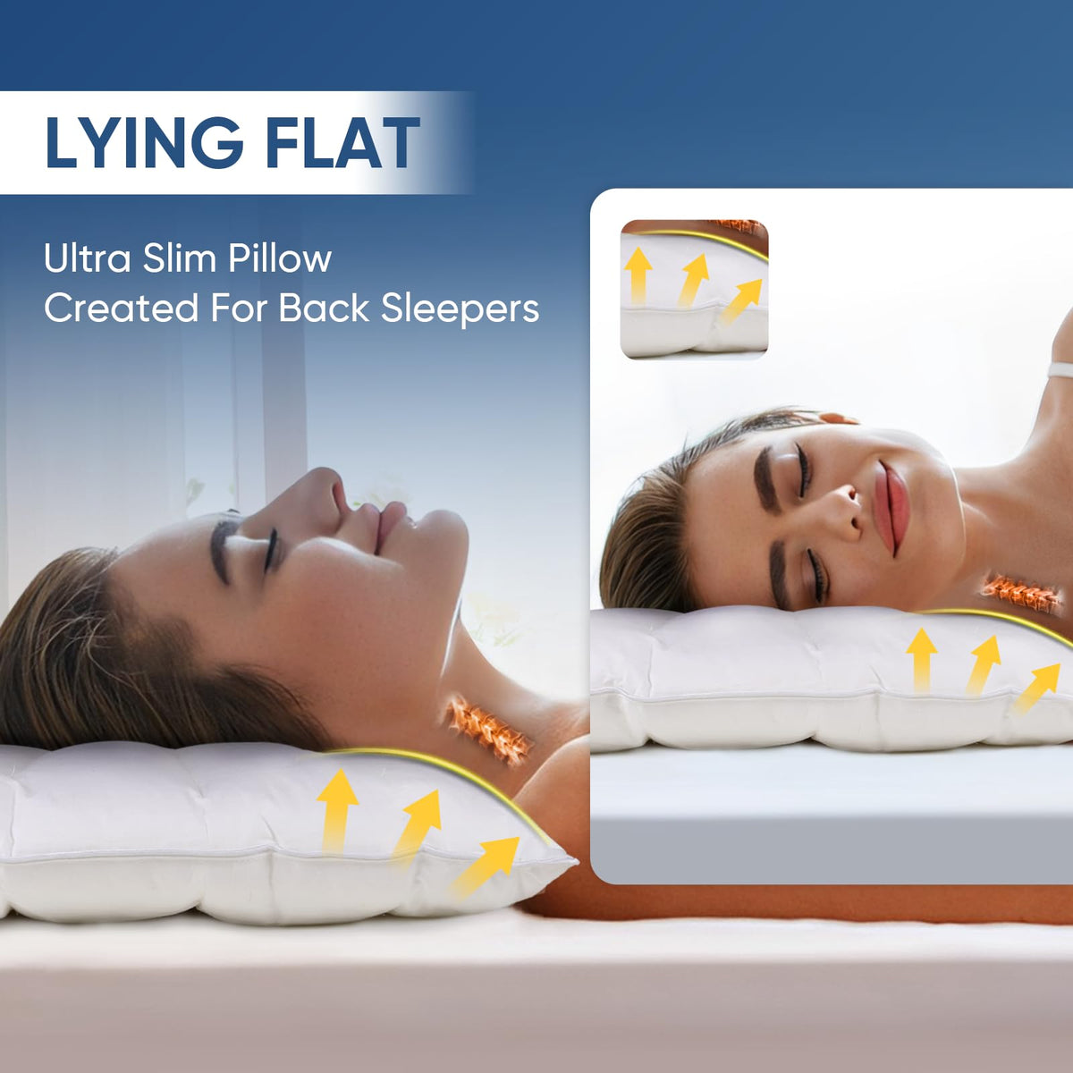 MINUPWELL ultra-flat pillow side sleeping position highlighting low height