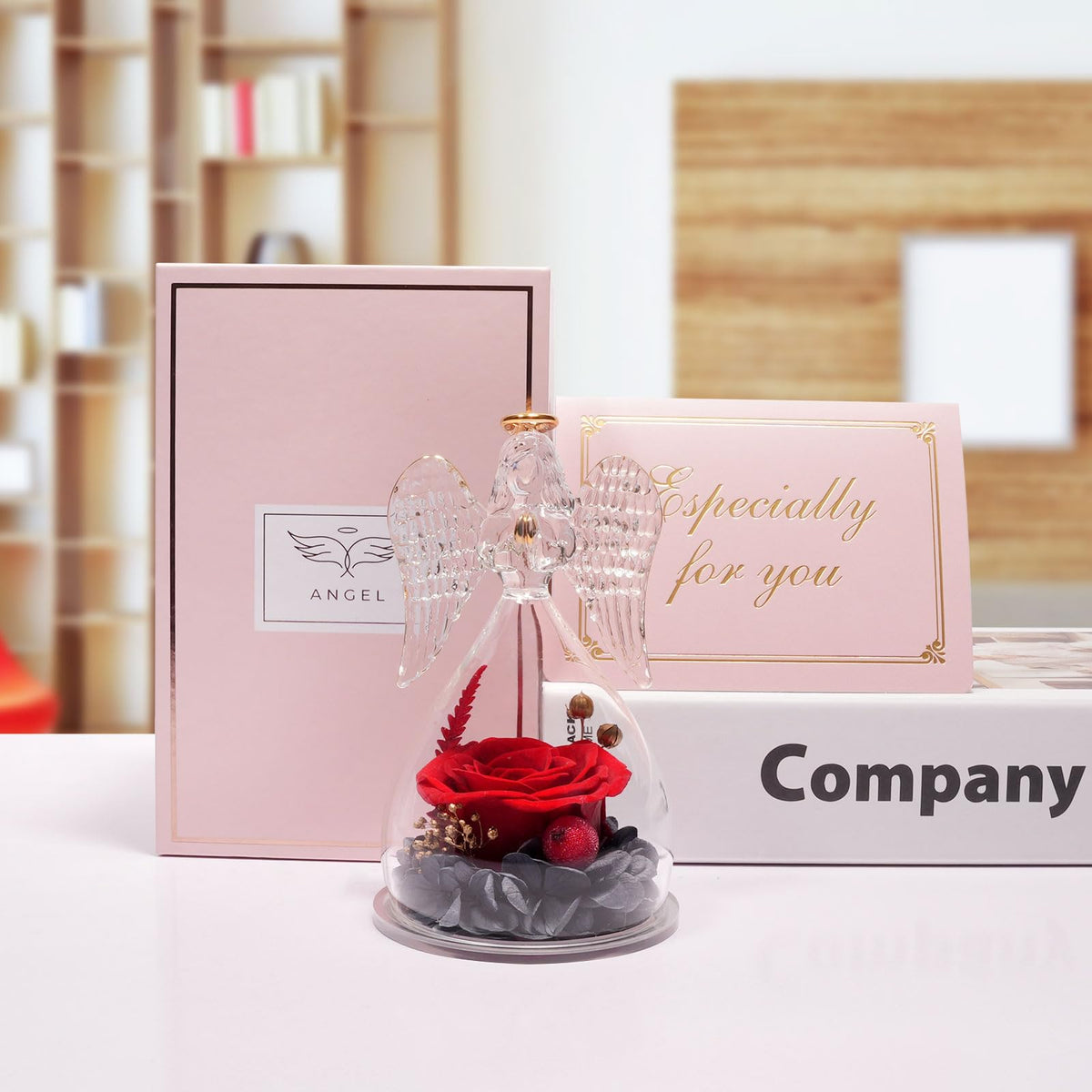 Miofula preserved rose in glass angel suits desk displays and mantelpieces.