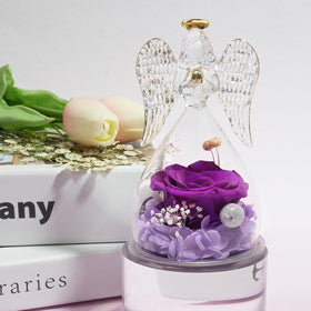 Miofula glass angel with preserved rose, elegant home decor accent