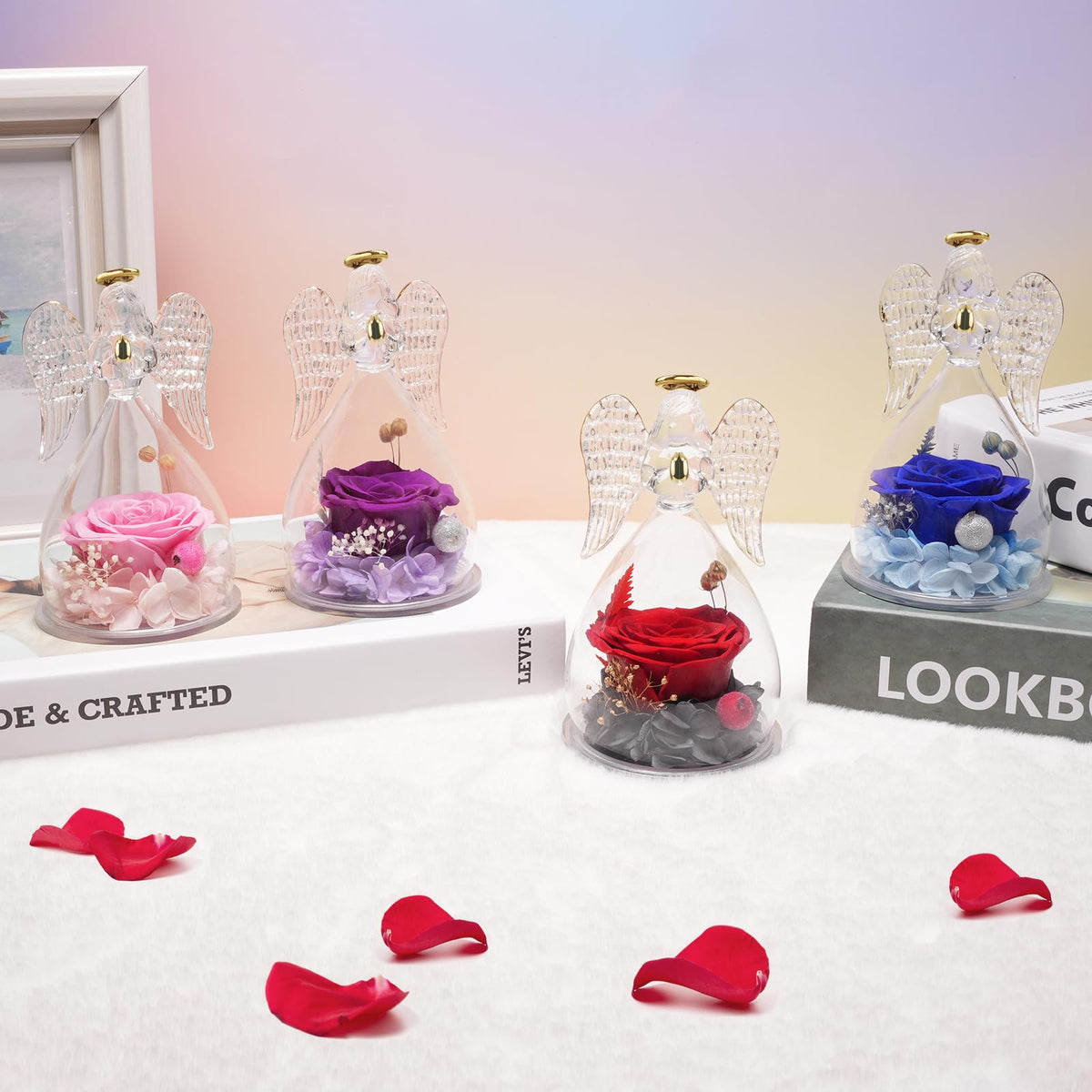 Miofula rose gift in glass angel serves as a meaningful wedding or anniversary keepsake.