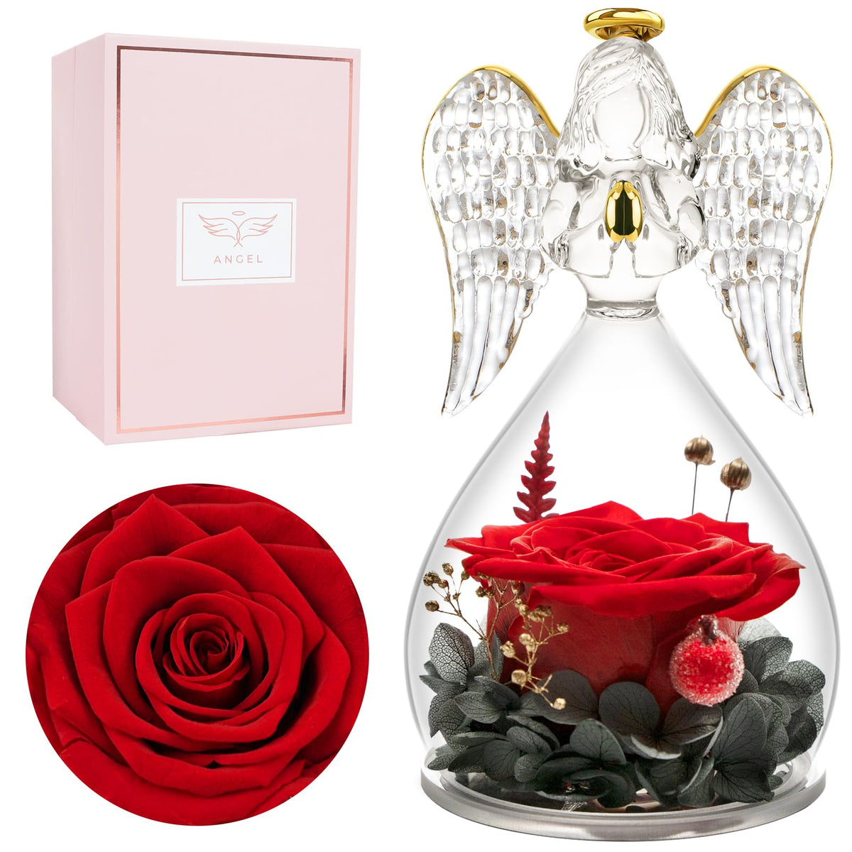 Miofula preserved rose in a glass angel figurine offers a lasting keepsake.