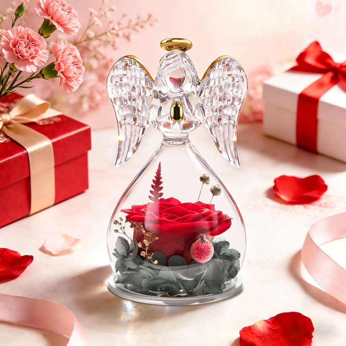 Miofula preserved rose within crystal angel glass complements elegant home styling.