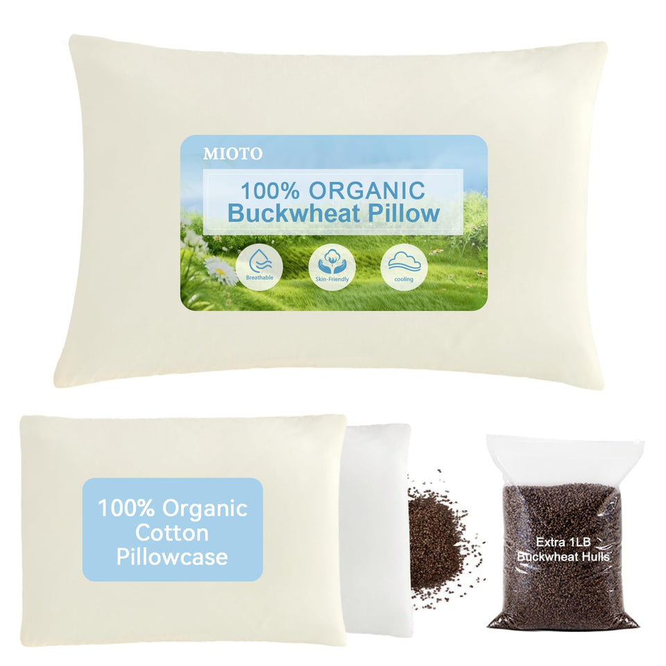 MIOTO buckwheat pillow front view shows adjustable height for neck support.