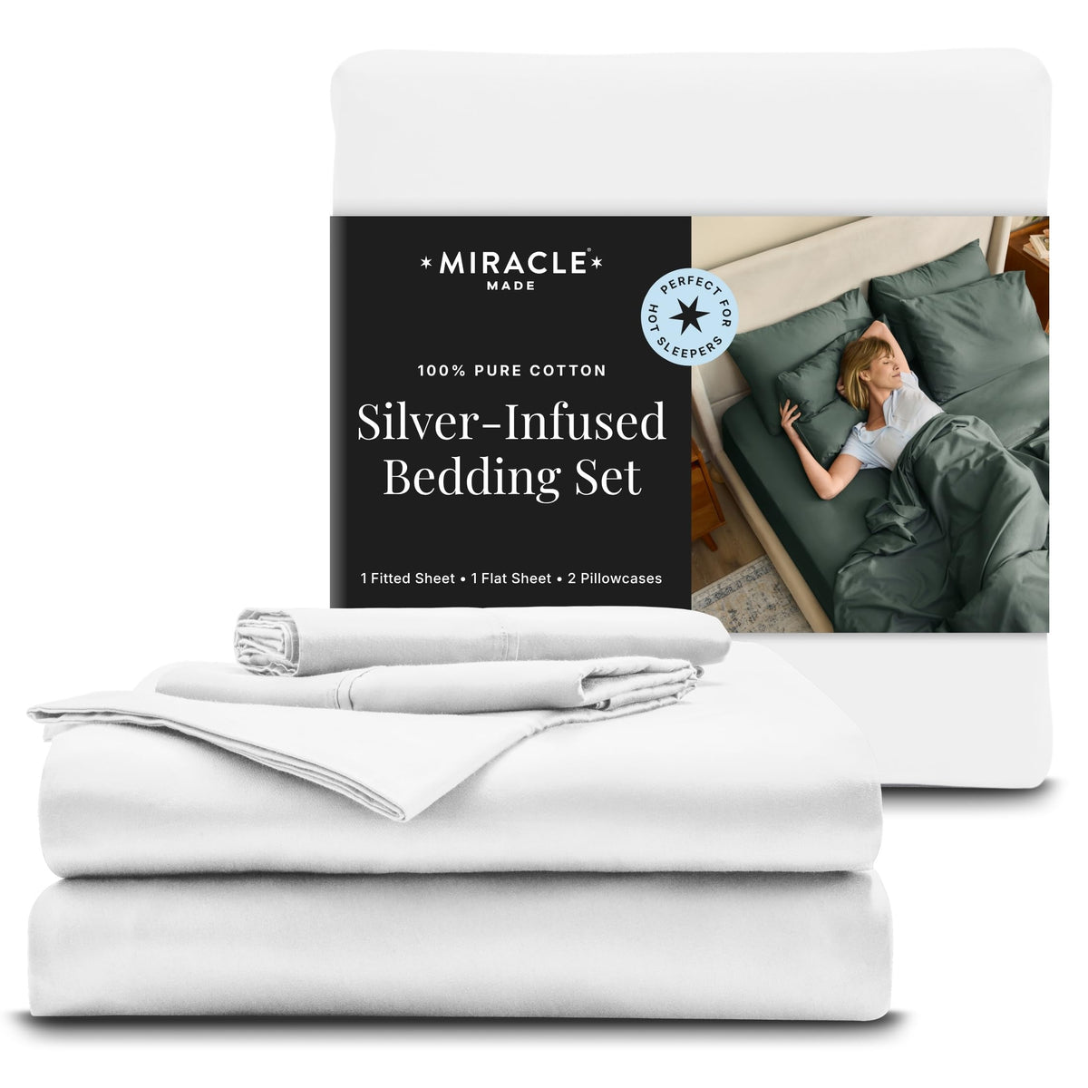 Miracle Made breathable cotton sheets with silver-treated finish for a cool, fresh queen-sized white set.