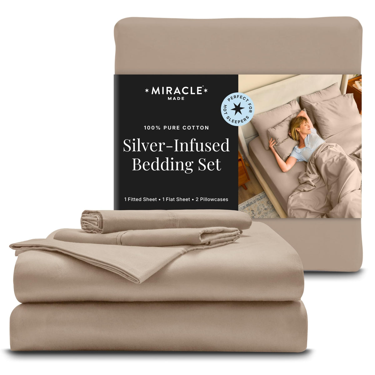 Miracle Made breathable sheets sand color close-up reveals soft cotton fibers.