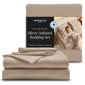 Miracle Made breathable sheets sand color close-up reveals soft cotton fibers.