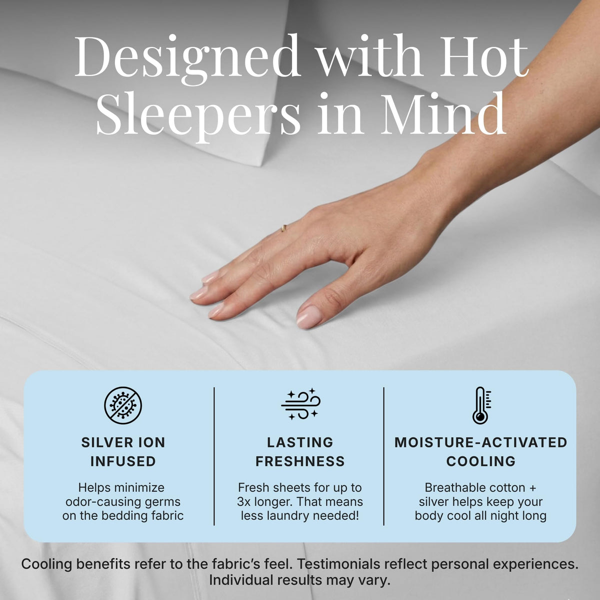 Miracle Made cool-to-the-touch bedding staged on a bed for hot sleepers.