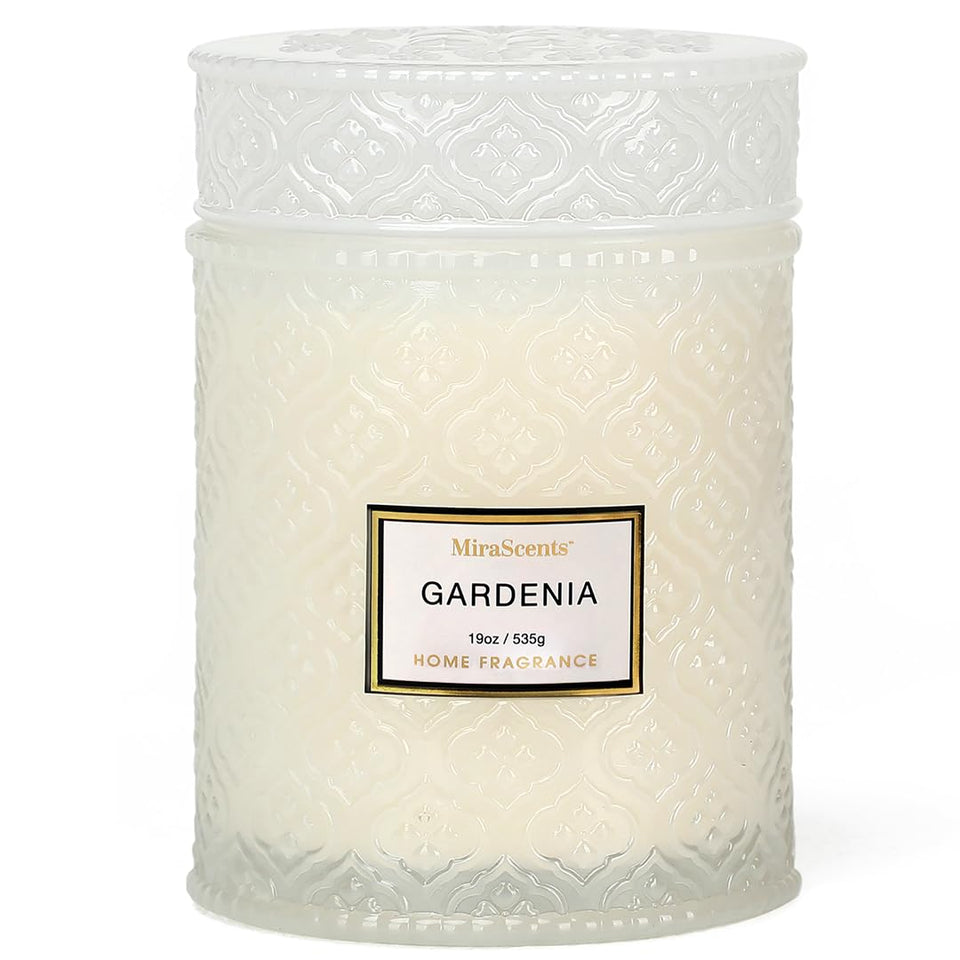 MIRASCENTS Gardenia Candle in embossed jar for refined living room ambiance