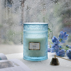 MIRASCENTS 19oz soy wax candle in blue glass, long-lasting fragrance.