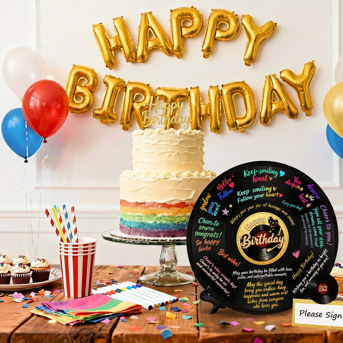 Miravoo center labels personalize the vinyl to your party theme