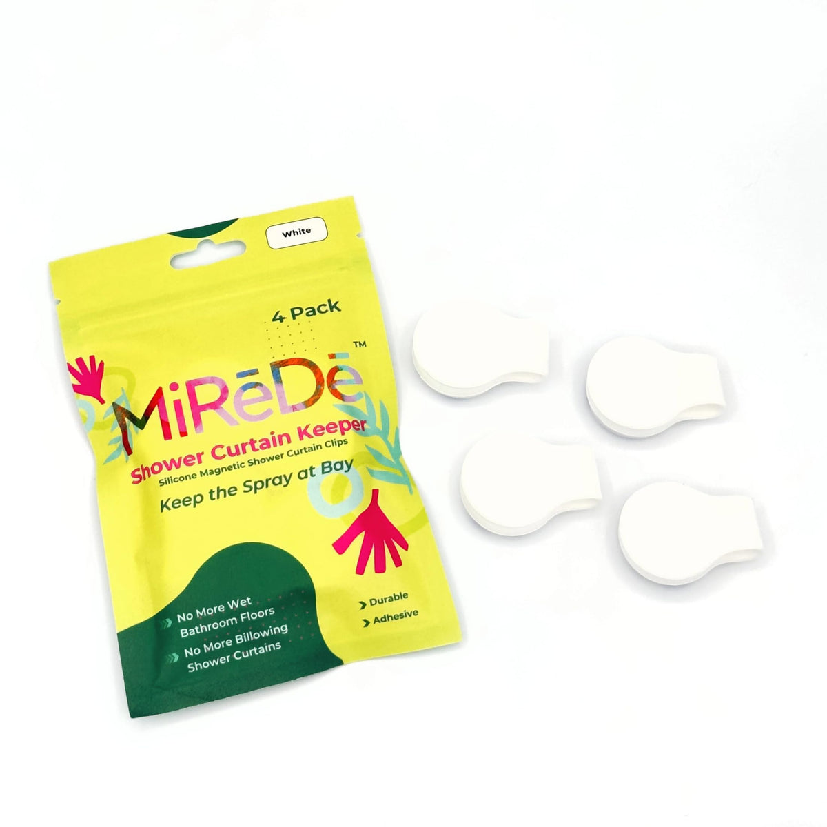 MiReDe bright white shower clip secures curtain inside shower for a dry floor