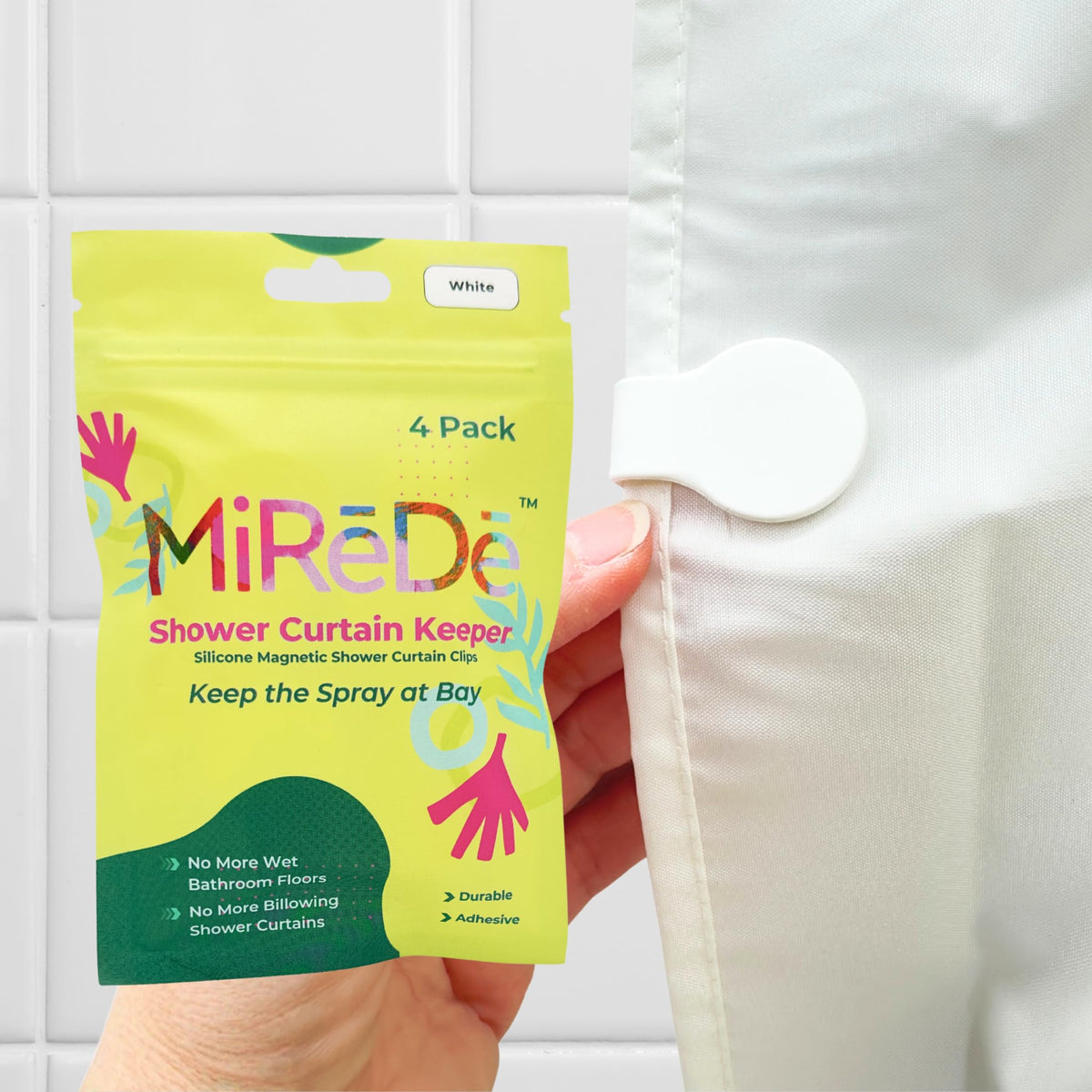 MiReDe 4 pack self adhesive shower clips hold curtain against wall to reduce splashes
