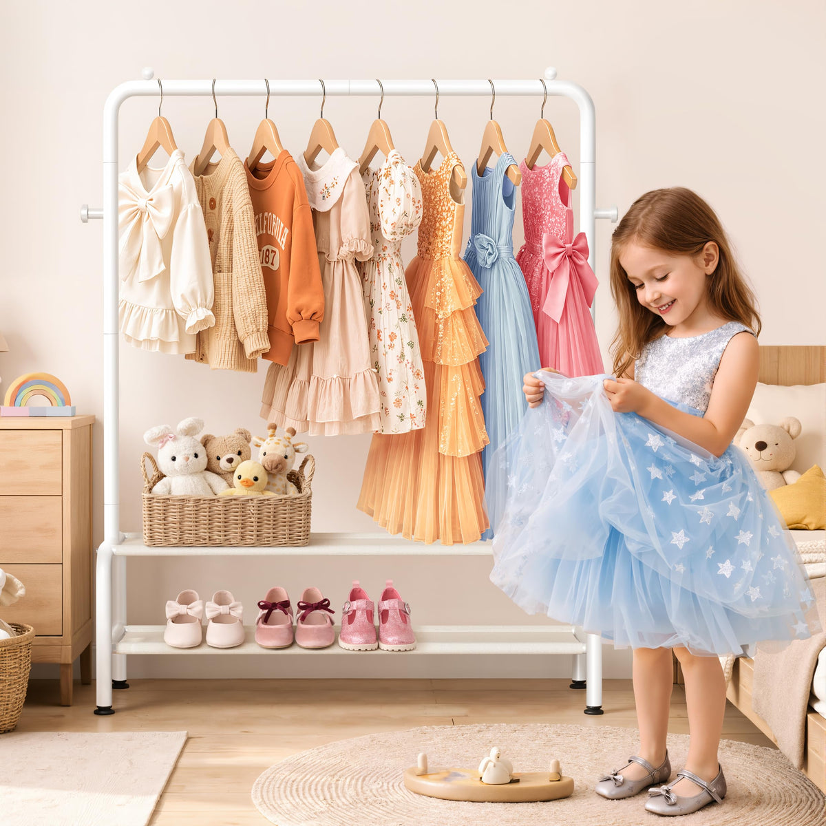 Mirolam clothing rack with fabric shelves for kid shoes and bins