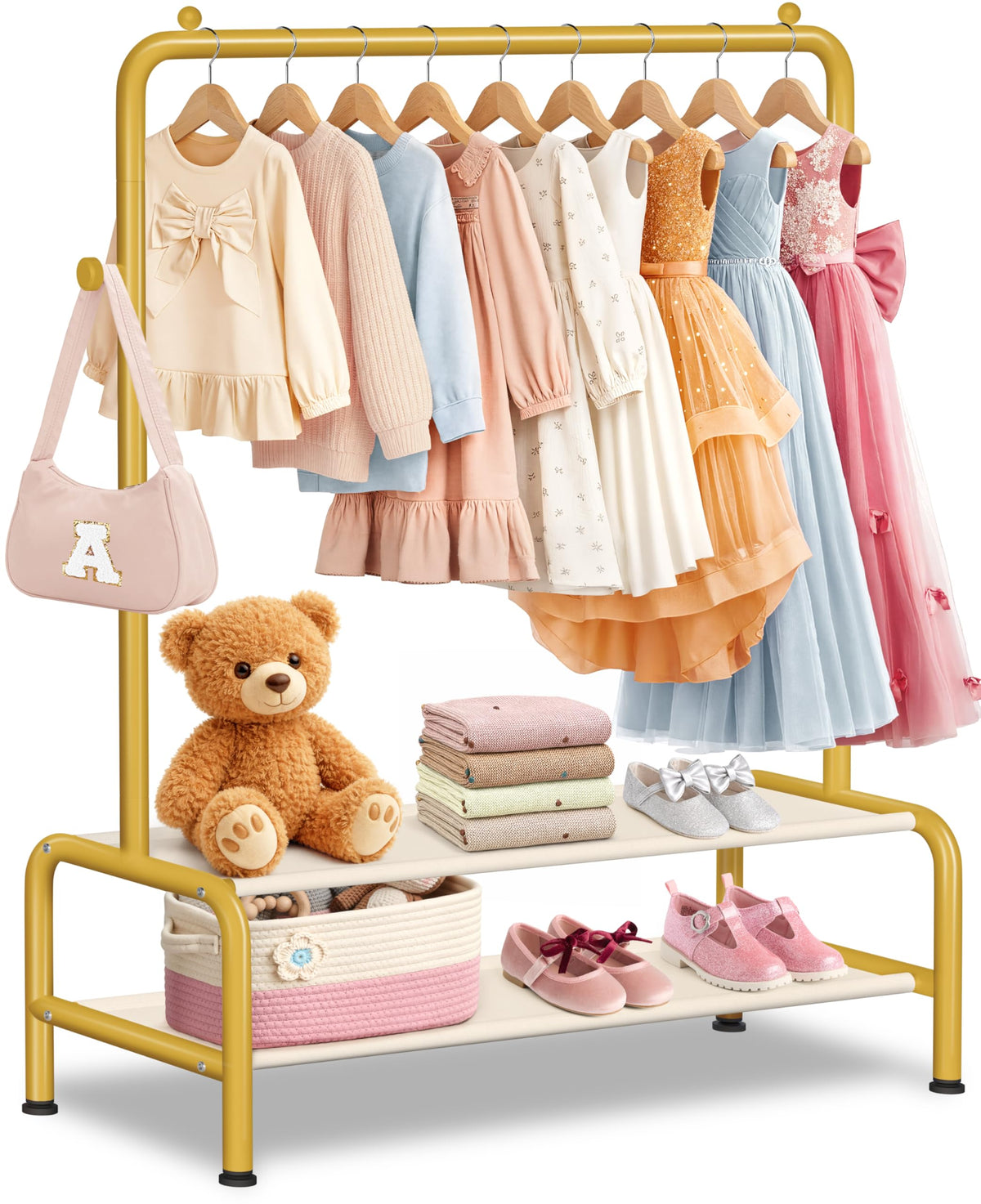 Mirolam Kids Gold Clothing Rack frame offers sturdy, space-saving organization.