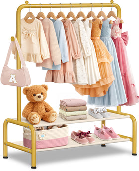 Mirolam Kids Gold Clothing Rack frame offers sturdy, space-saving organization.
