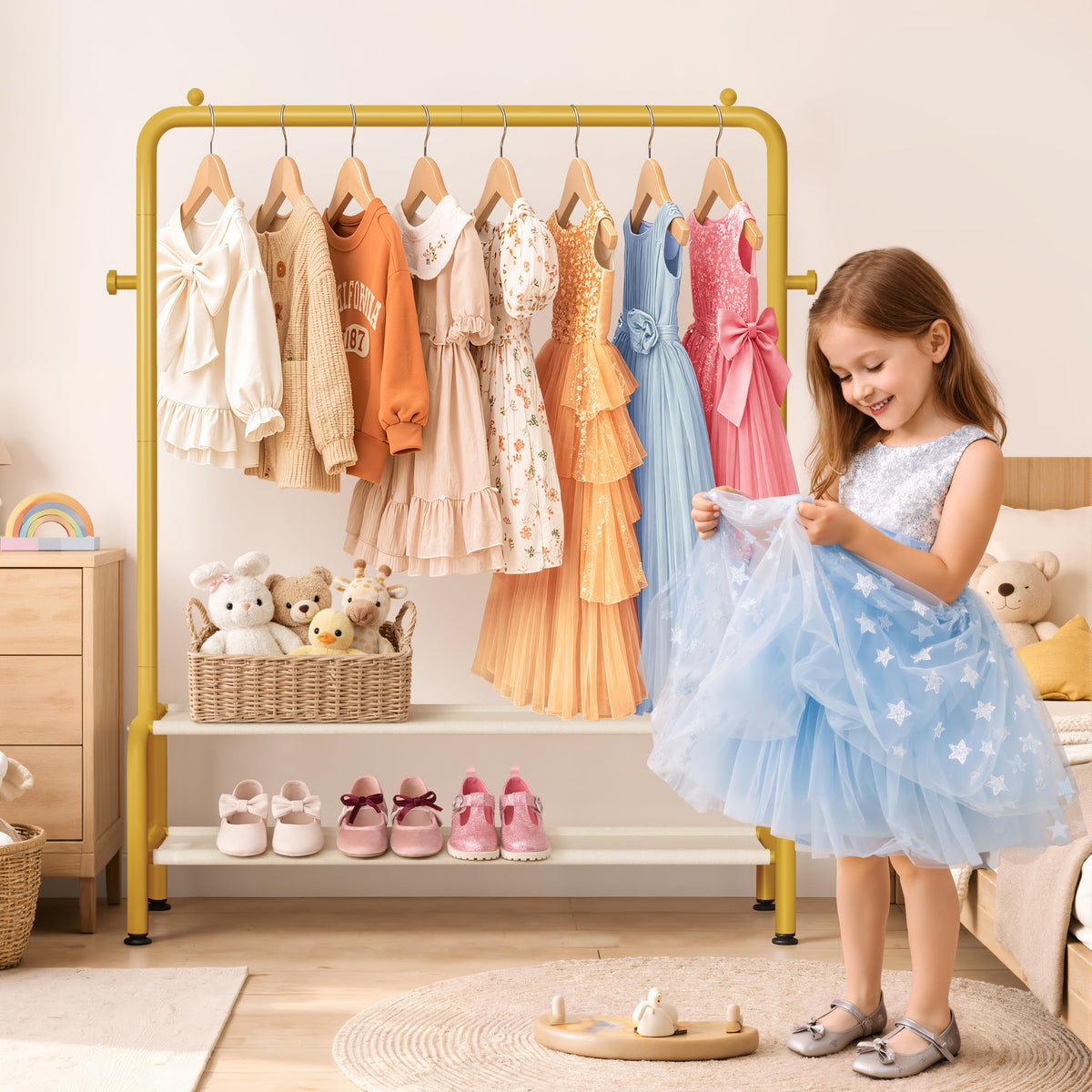 Mirolam Kids Gold Clothing Rack shelves provide soft storage for outfits and toys.