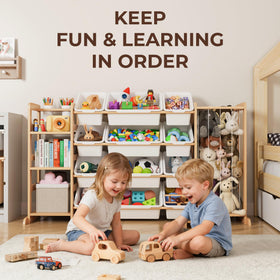 Mirolam open shelves hold books, plush toys, and games for quick access