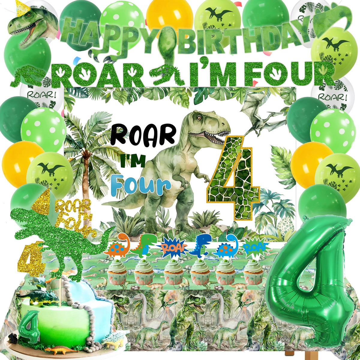Miruwtog dinosaur 4th birthday banner adds bold jungle vibes to the party backdrop.