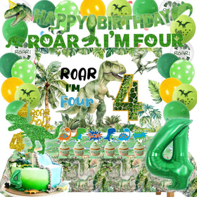 Miruwtog dinosaur 4th birthday banner adds bold jungle vibes to the party backdrop.