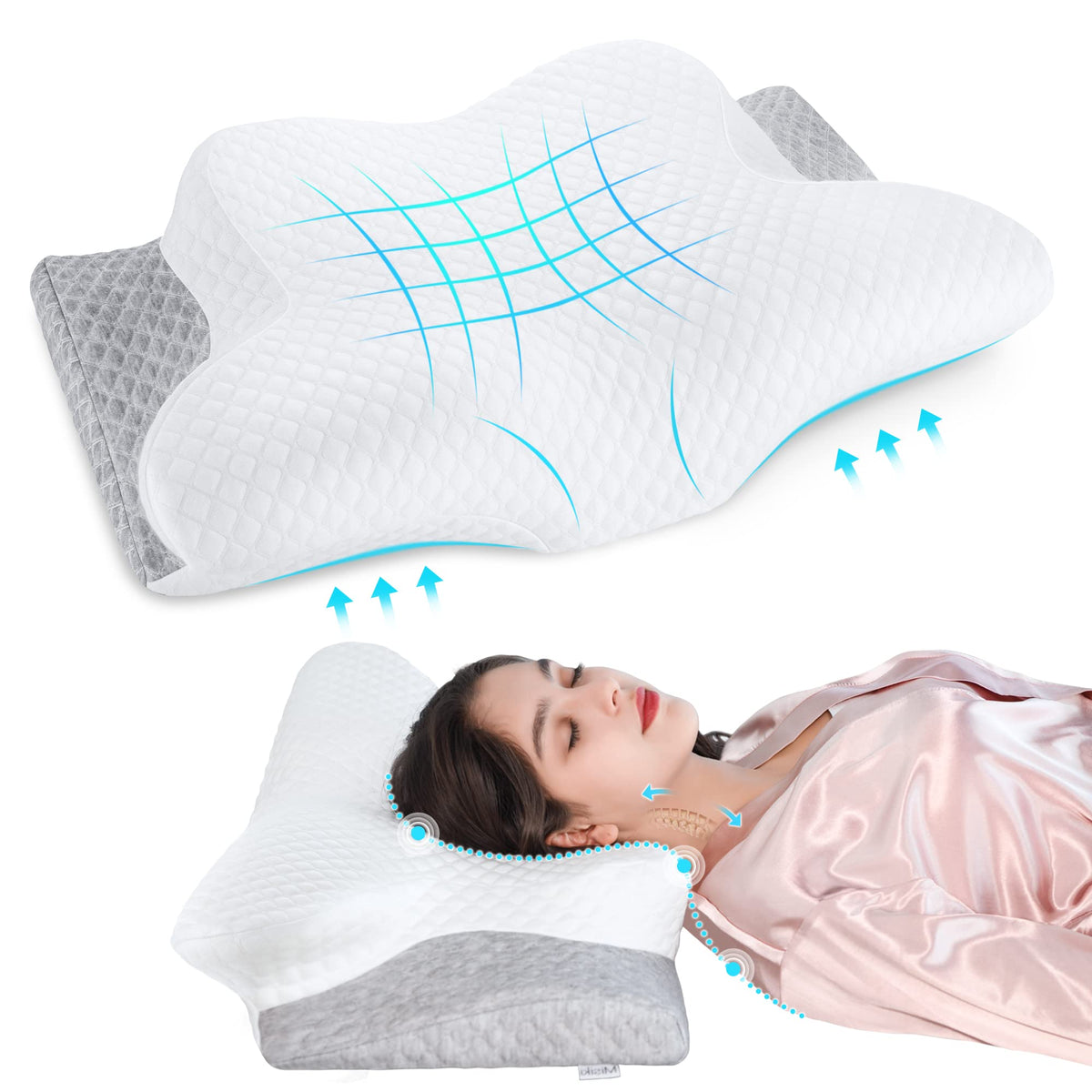 Misiki Cervical Neck Pillow with butterfly contour supports neck comfort.