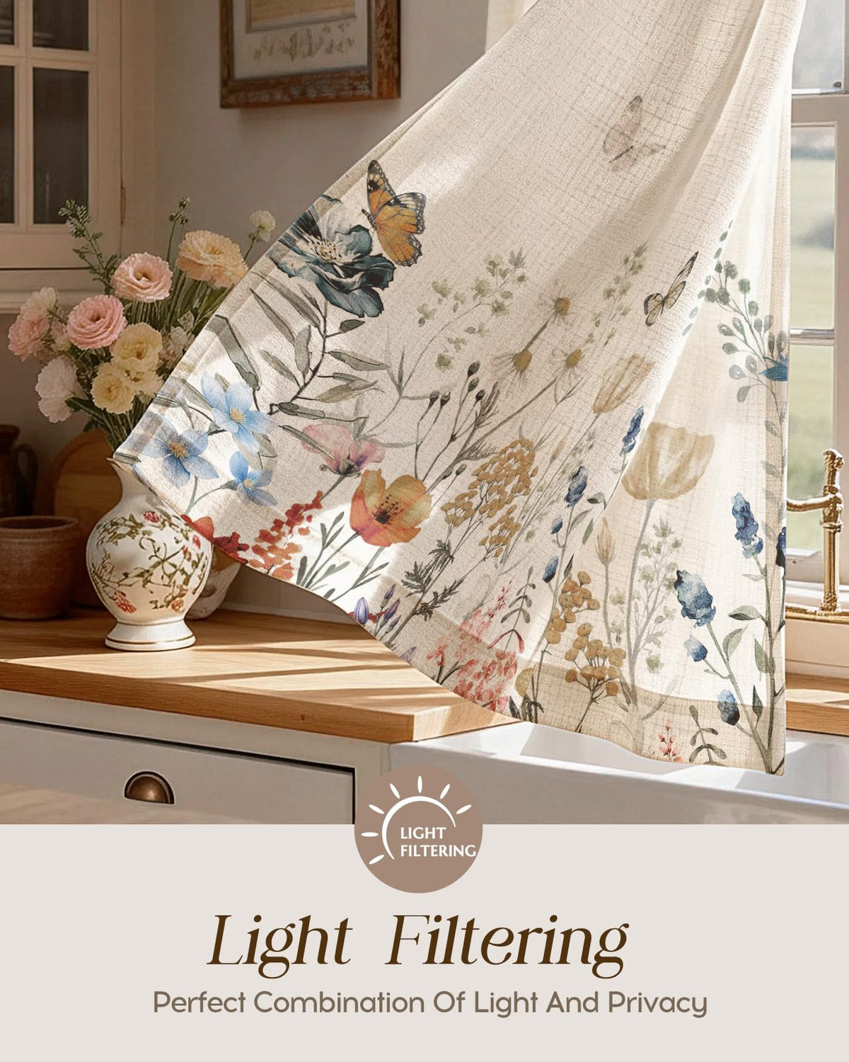 Miss Adola Floral Kitchen Curtains easy-hanging rod-pocket for quick installation.