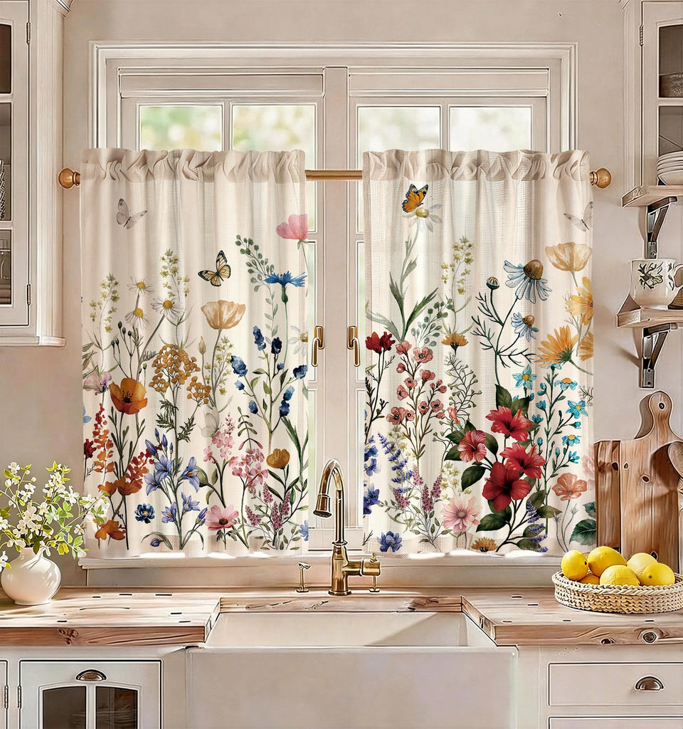 Miss Adola Floral Kitchen Curtains fabric closeup, showcasing soft linen blend for gentle light filtration.