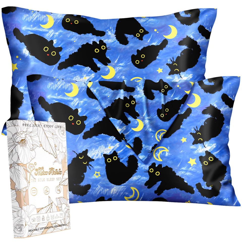 Miss Adola Silk Pillowcase 2-Pack in Blue Moon Cat design for smooth hair and skin