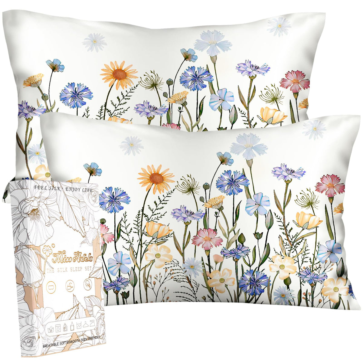 Miss Adola silk pillowcase in colorful flower pattern for smooth hair and hydrated skin.