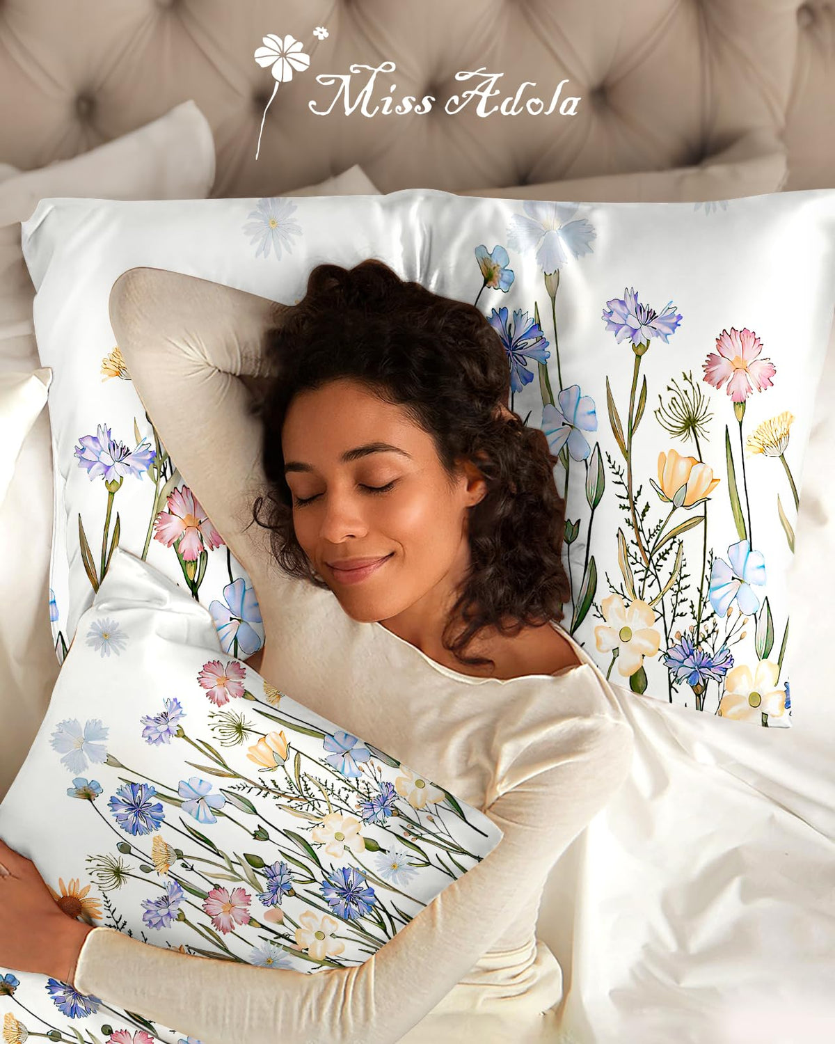 Miss Adola silk pillowcase two-pack provides versatile, color-coordinated bedding options.