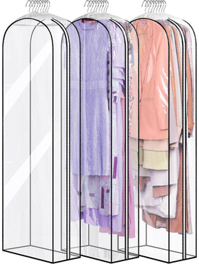 MISSLO three-pack clear garment bags protect long dresses and coats with visible contents.