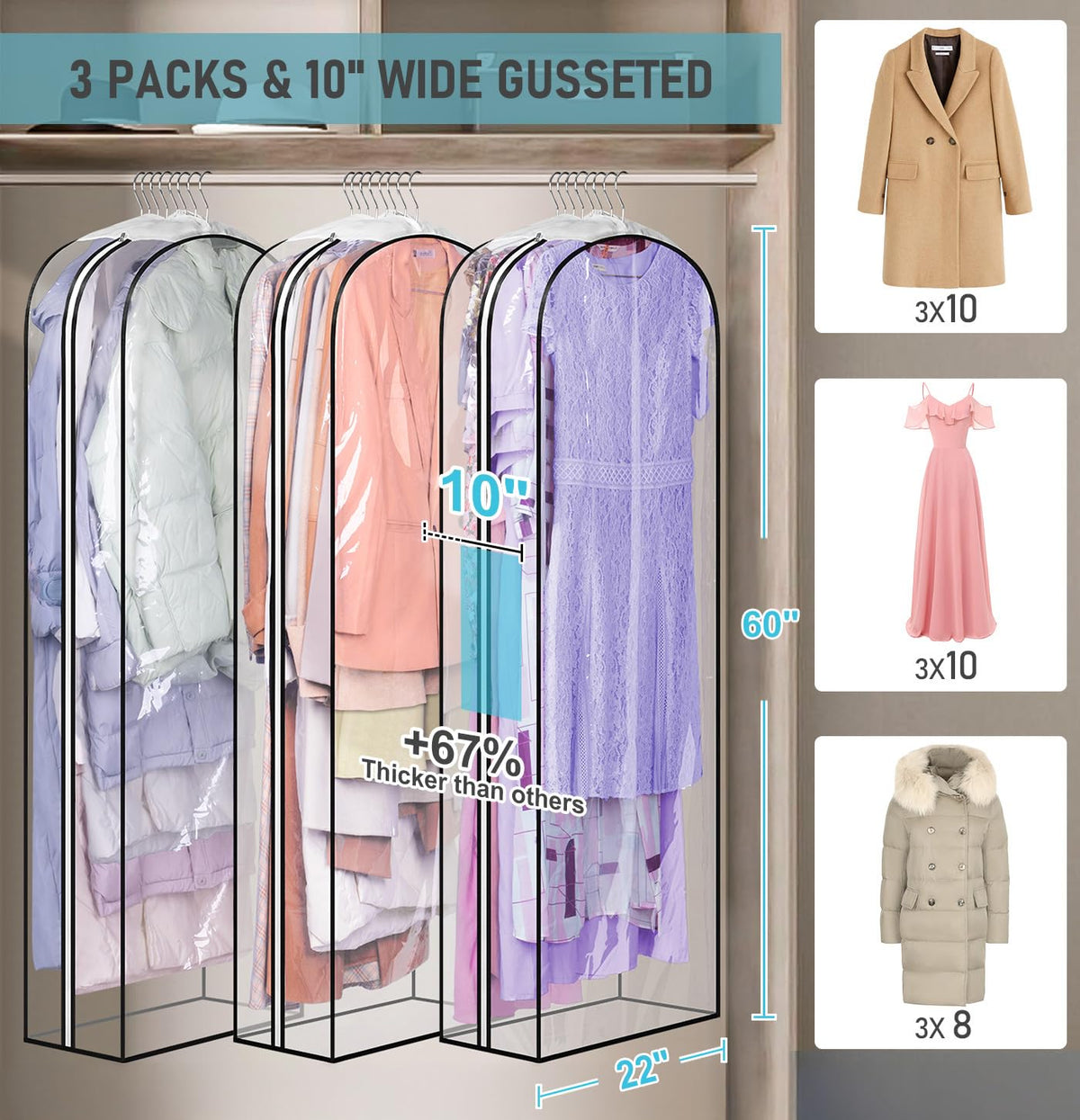 MISSLO 10-inch gusset garment bag keeps long garments neatly organized.