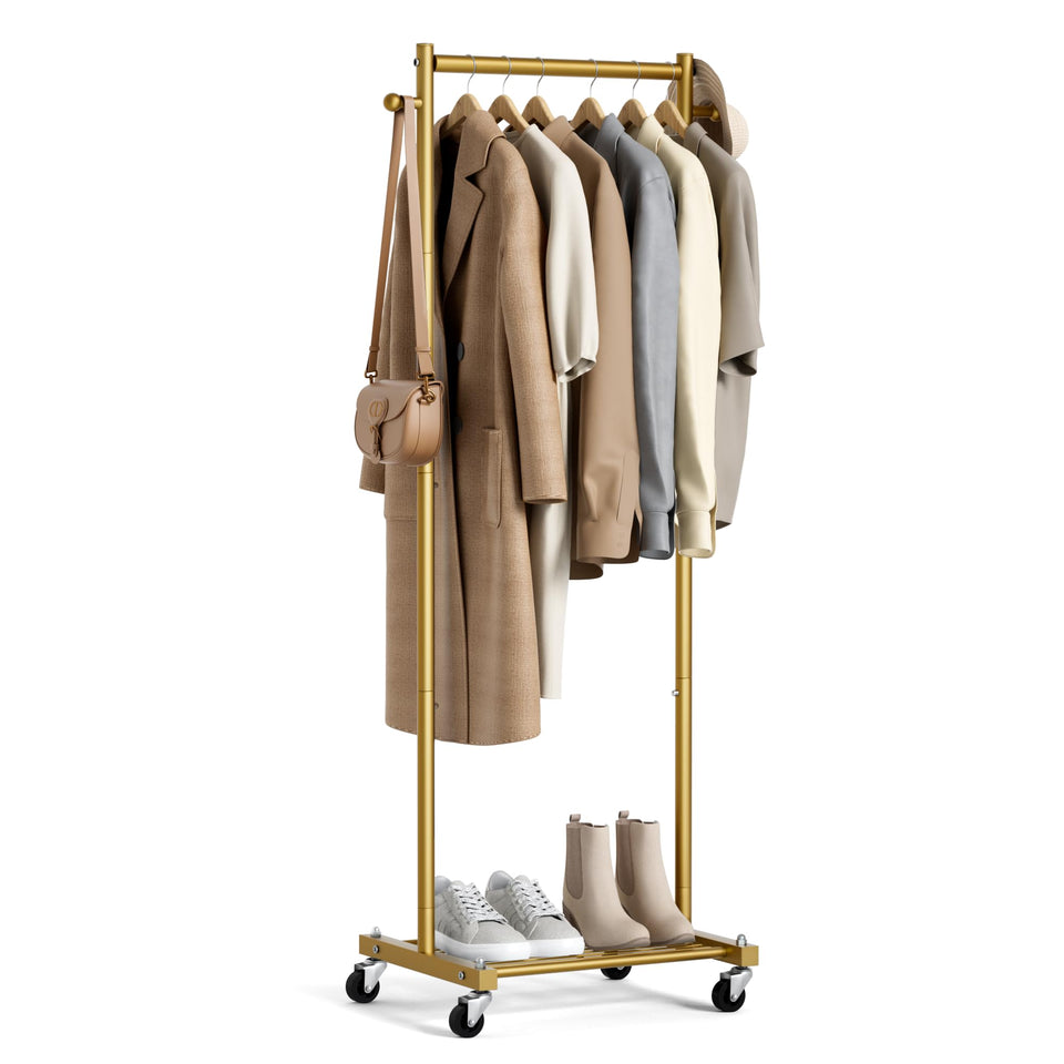 MISSLO 60-inch gold rolling clothes rack front view highlighting sturdy construction for small spaces.