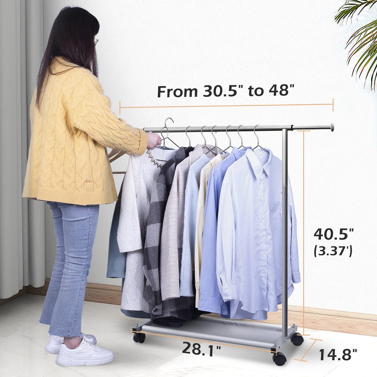 MISSLO adjustable width clothes rack fits 30 to 48 inches of hanging space.