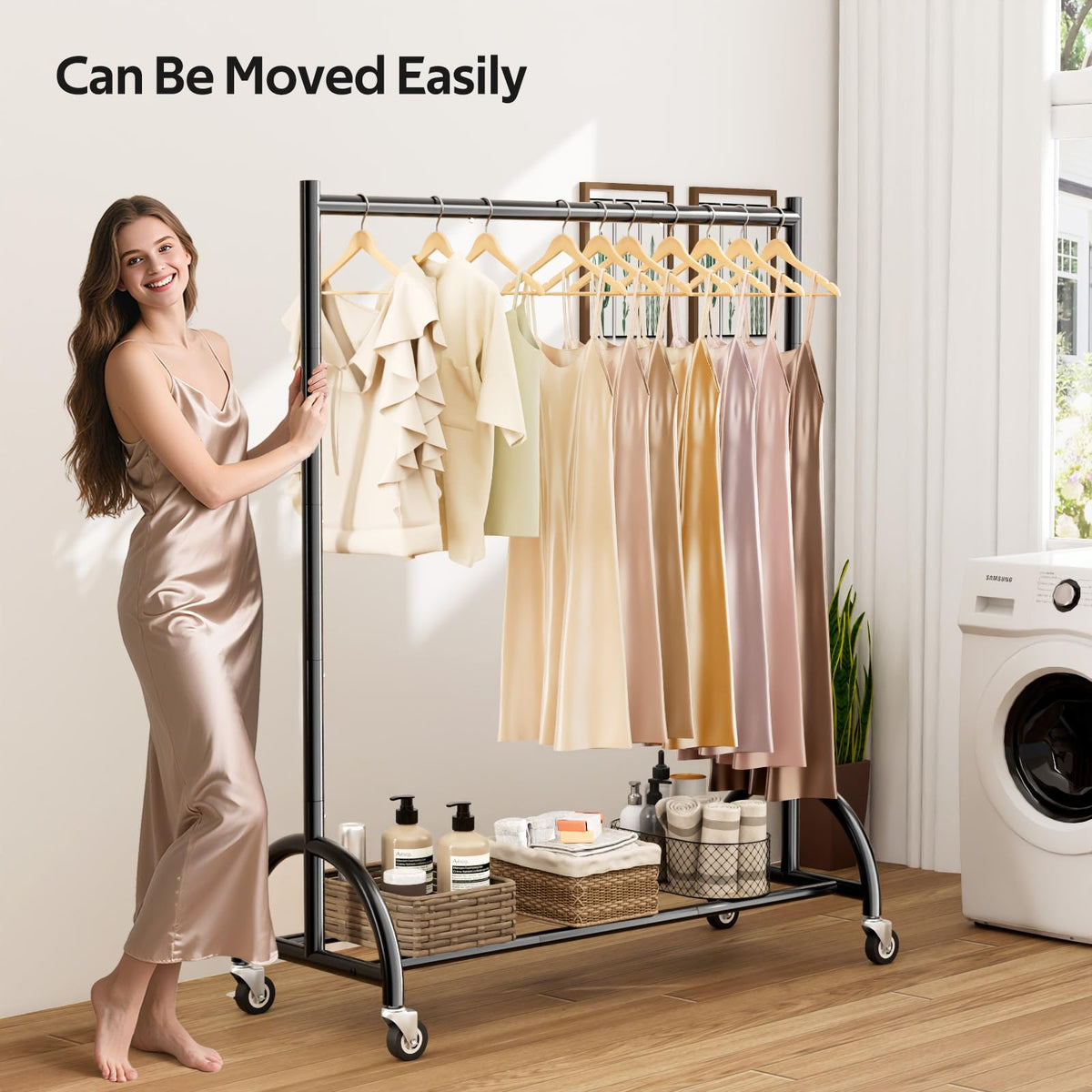 MISSLO black finish wardrobe rack adds sleek style to any room.