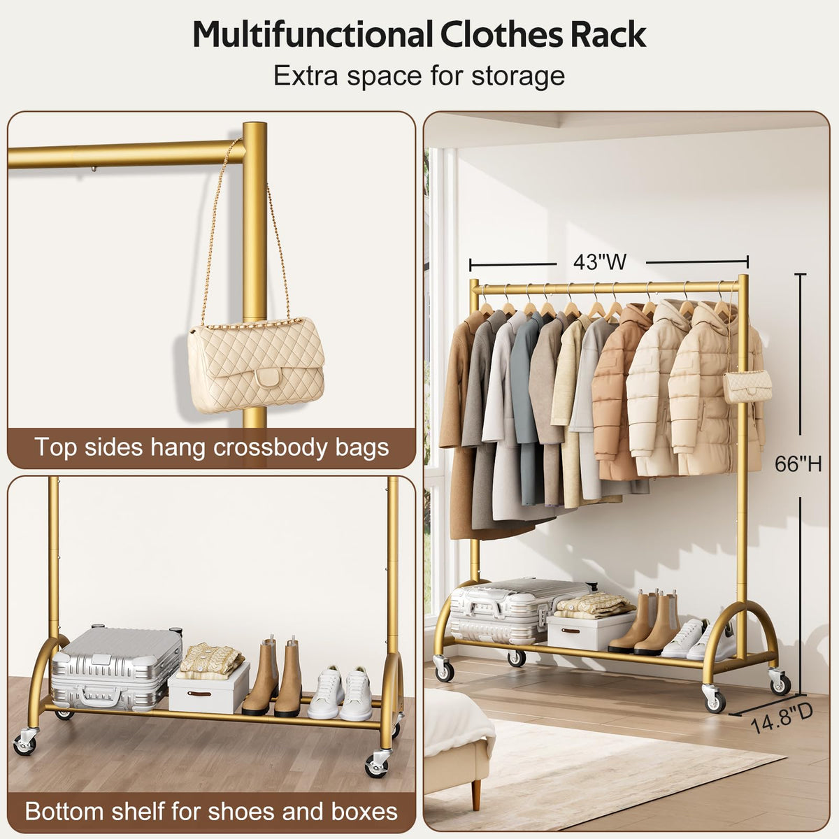 MISSLO bottom shelf stores boxes or shoes, maximizing space.
