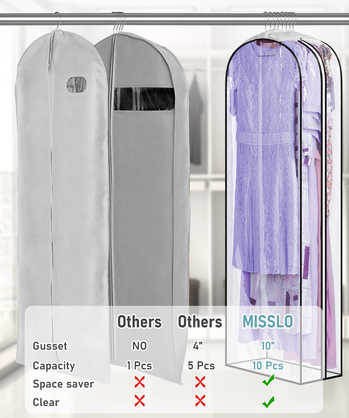 MISSLO clear PEVA garment bag shows contents at a glance.