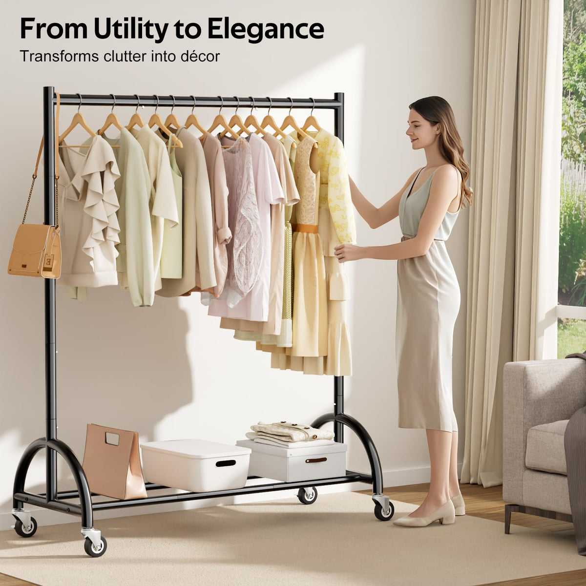 MISSLO clothing rack bottom shelf stores boxes or shoes for extra space.