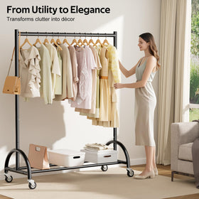 MISSLO clothing rack bottom shelf stores boxes or shoes for extra space.