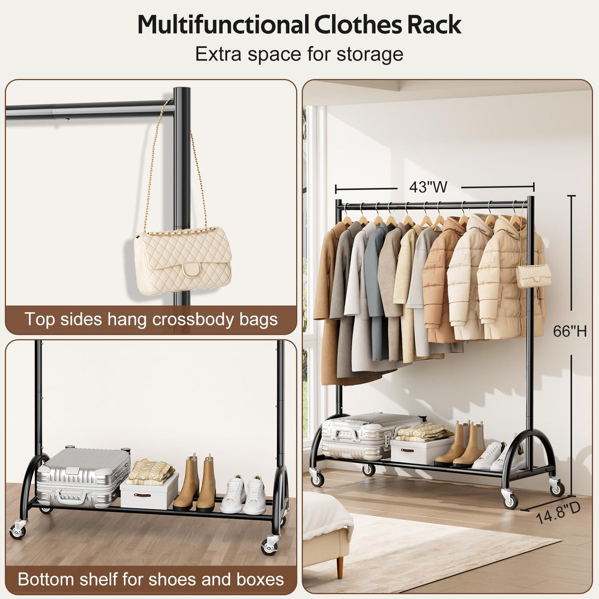 MISSLO top rail accommodates garments of varying lengths for easy outfit planning.
