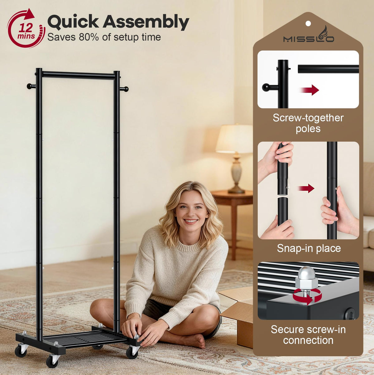 MISSLO compact and durable rack shown holding multiple garments.
