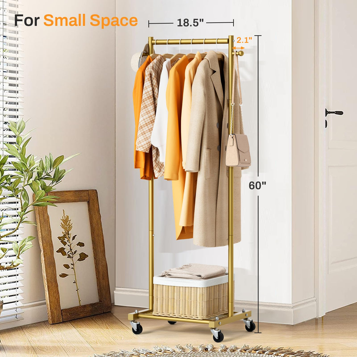 MISSLO gold clothing rack with shelves side view demonstrates storage capacity.