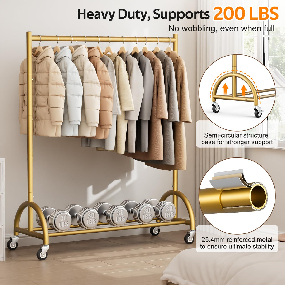 MISSLO gold finish clothing rack adds stylish storage for any room.