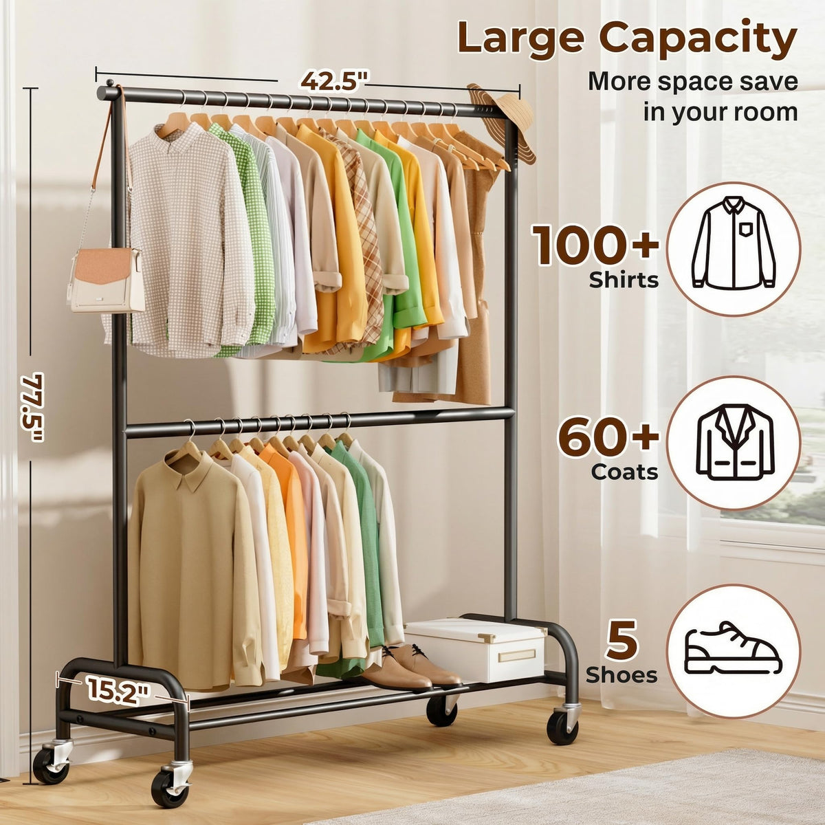 MISSLO space-saving design shows compact 42.5W x 77.5H footprint for vertical storage.