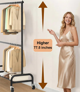 MISSLO heavy-duty clothes rack height demonstrates 77.5 inches for long garments.