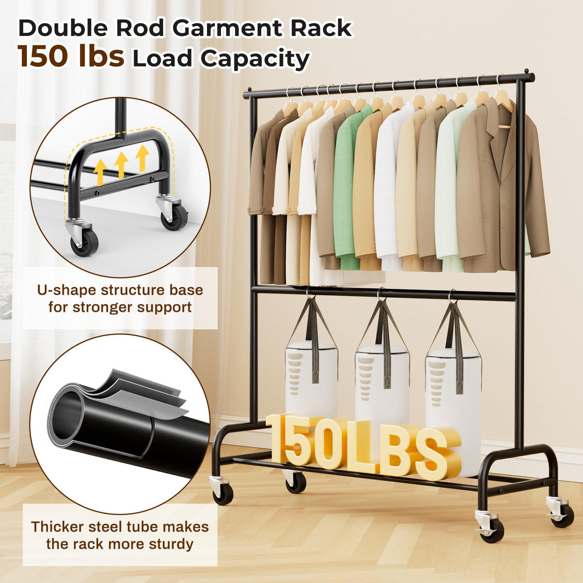 MISSLO heavy-duty clothes rack wheels in action for smooth mobility on any floor.
